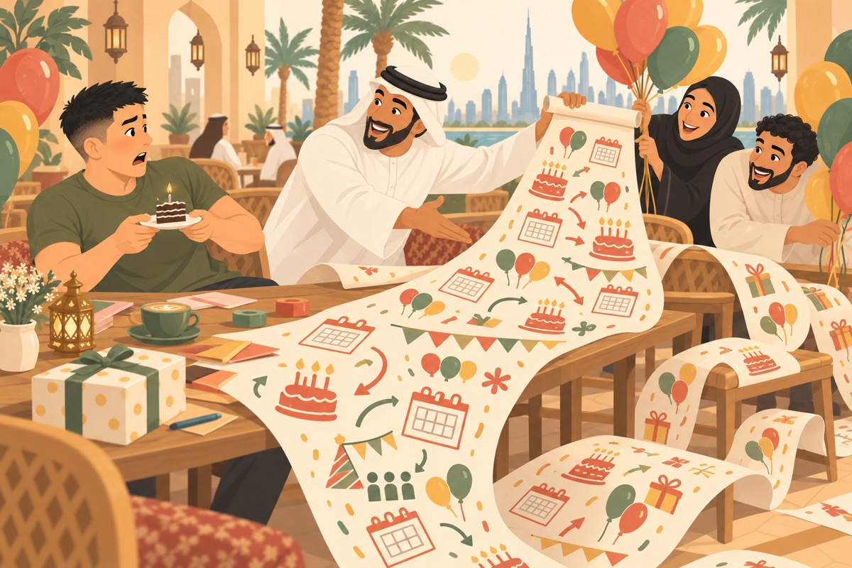 The learner protects one tiny birthday cake slice as his friend unveils an enormous party-planning scroll across the table and chairs.
