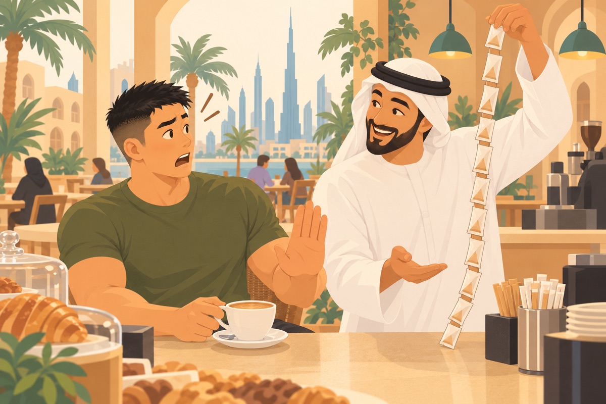 At a café, the athletic crew-cut learner politely holds up a hand while his friend offers an absurdly long string of sugar sachets.