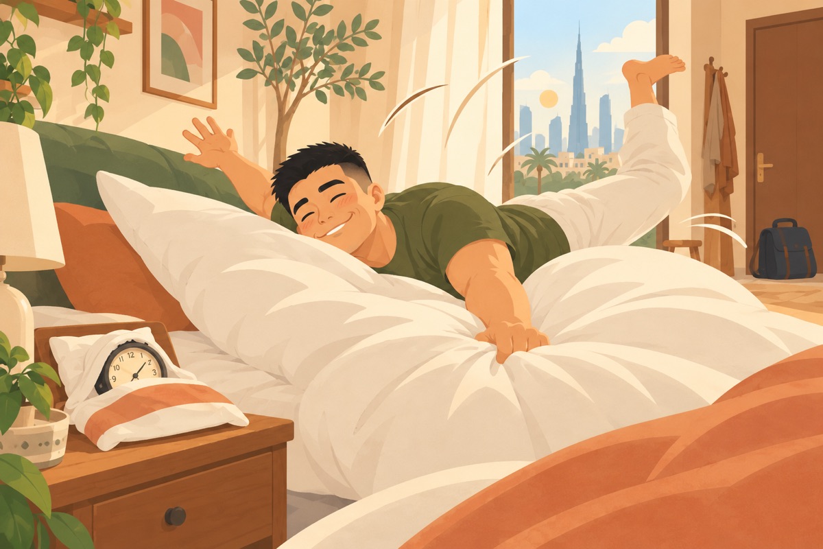 On his day off, the learner dives joyfully back into bed while even the alarm clock is tucked under its own tiny blanket.