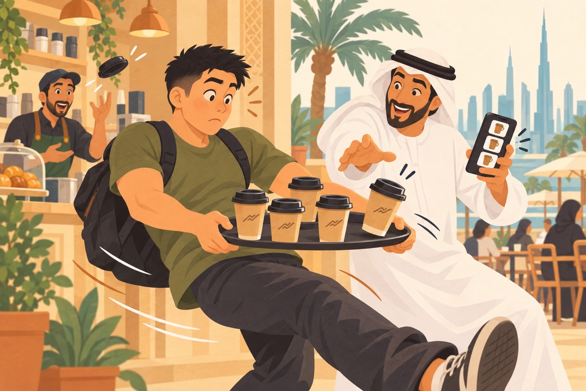 The learner struggles to balance exactly five coffees as one tilts and his friend reaches to help.
