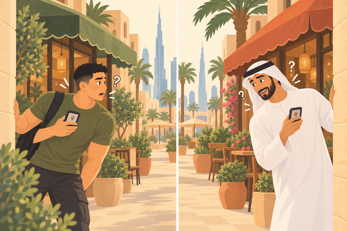 In a comic split scene, the athletic crew-cut learner and his Emirati friend search for each other outside two different restaurant doors.