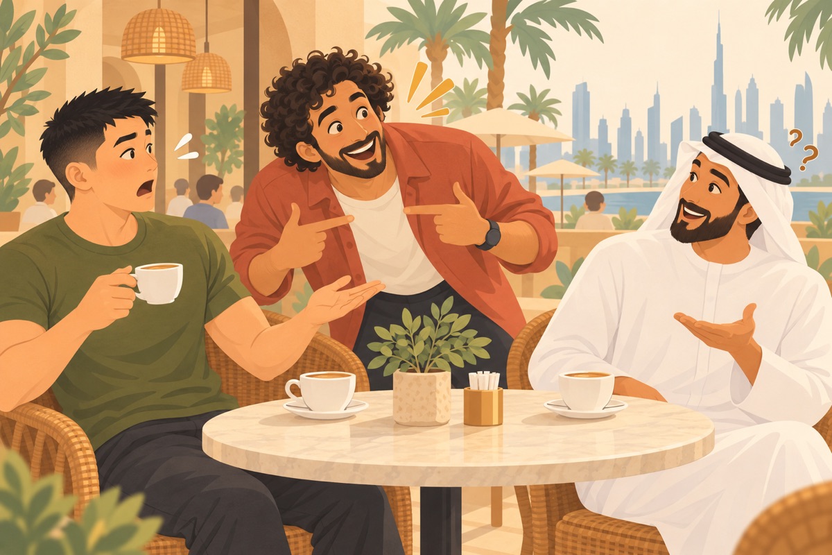 The friend who has not been introduced leans between the others and emphatically points at himself, catching the learner mid-coffee.