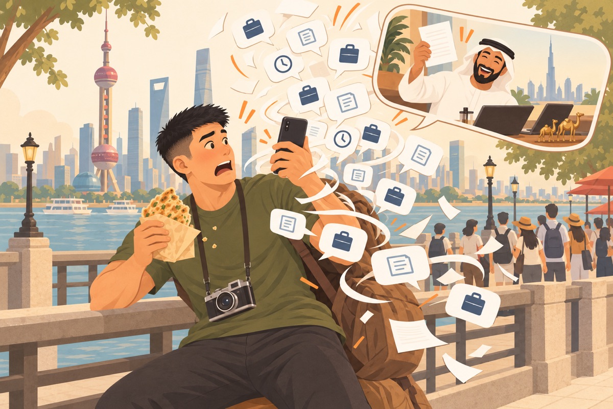 A whirlwind of work notifications tangles around the learner on holiday in Shanghai while his office friend cheerfully waves a document on a video call.
