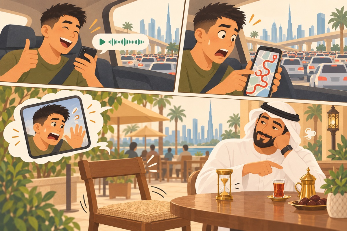 Three comic beats: a confident voice note, a shocked look at gridlock, and a friend waiting beside an hourglass at the café.